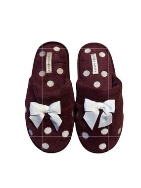 Laura Ashley Burgundy Slippers with White Polka Dots & Bows
